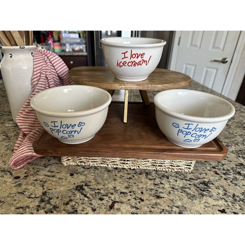 Gibson Ceramic 3.75" X 6.5" White Blue Popcorn/Ice cream Bowls Set Of 3